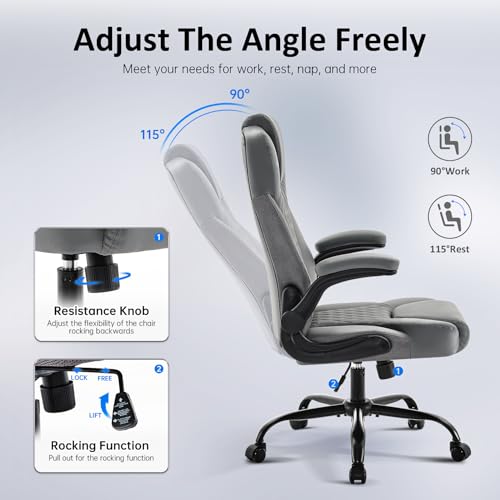amseatec Big and Tall Office Chair, Flip-Up, Executive Desk Chair, Grey | Ergonomic Leather High Back, Lumbar Support, 90 °Lock, 115° Tilt, 20 Spring Packs, 300lbs Capacity, Wide Seat/Smooth Casters - color: Grey