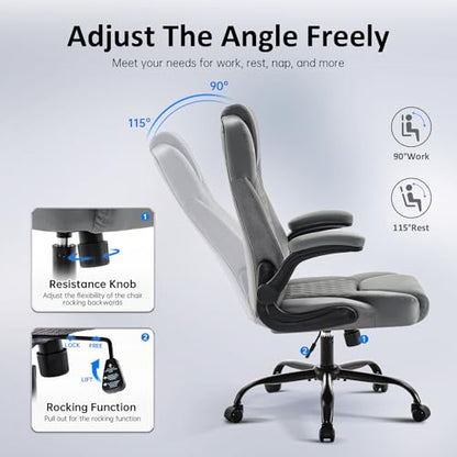 amseatec Big and Tall Office Chair, Flip-Up, Executive Desk Chair, Grey | Ergonomic Leather High Back, Lumbar Support, 90 °Lock, 115° Tilt, 20 Spring Packs, 300lbs Capacity, Wide Seat/Smooth Casters - color: Grey