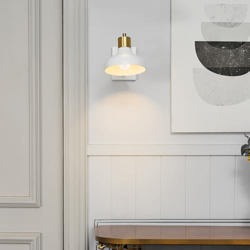 Globe Electric 51344 1-Light Plug-in or Hardwire Swing Arm Wall Sconce, White, Brass Accents, White-Cloth Cord, Mounted Bedside Lamp, Kitchen Sconces Wall-Lighting, Bulb Not Included - size: 5.75"