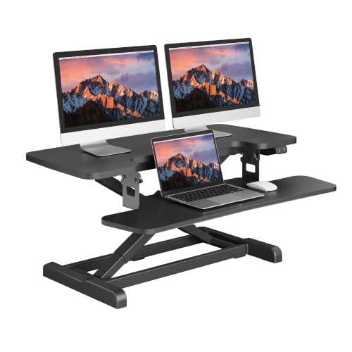SANODESK 35" Electric Standing Desk Converter,Height Adjustable Riser for Office Home, Monitor and Laptop Workstation with Large Keyboard Tray, Black Color - color: Black, size: 35"