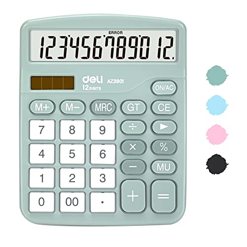 Calculator, Deli Standard Function Desktop Calculators with 12 Digit Large LCD Display and Sensitive Button, Solar Battery Dual Power Office Calculator, Green - color: Green