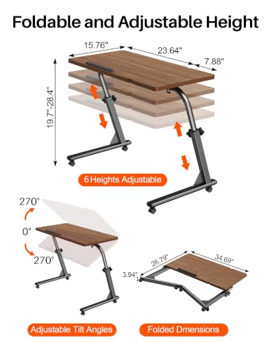 Adjustable Folding TV Tray Table, Mobile TV Dinner Tray for Eating on Couch - color: Brown