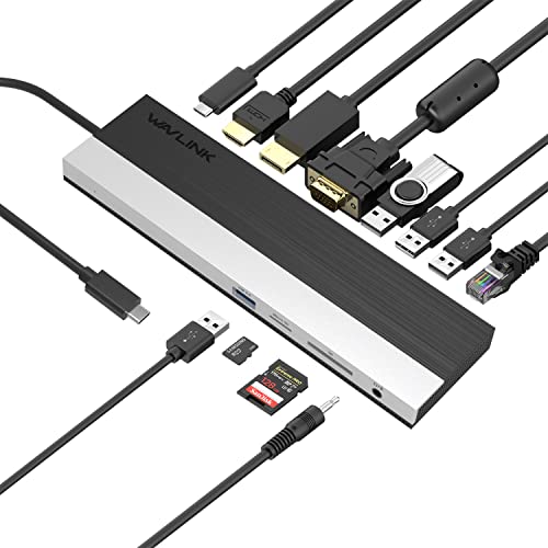 WAVLINK USB C Docking Station, 12-in-1 Triple Display Type C Adapter with HDMI, DisplayPort,VGA,Ethernet,2 USB 3.0/2.0,SD/TF Card Reader,3.5mm Audio Jack,100W PD3.0 for Mac Windows and More - color: HDMI+DP+VGA