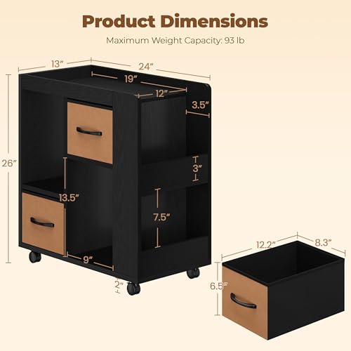 Yaheetech Narrow End Table Storage Drawer Rolling Shelves, Black | Open Shelves | Magazine Rack | Rolling Wheels | Wooden Construction | Living Room & Bedroom - color: Black