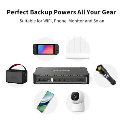 PECRON D77 DC UPS Battery Backup, 76.96Wh Small UPS for WiFi Router/Modem/Security Camera/Phone, Uninterruptible Power Supply with PoE Port, 5V/9V/12V DC5521 Port, 5V USB-A