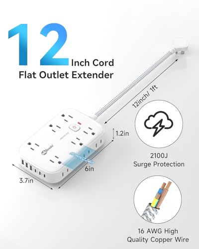 1FT Flat Multi Plug Extender 12 AC Outlets with 6 USB Wall Charger(3 USB C) - size: 1 FT, style: 12AC+3U3C