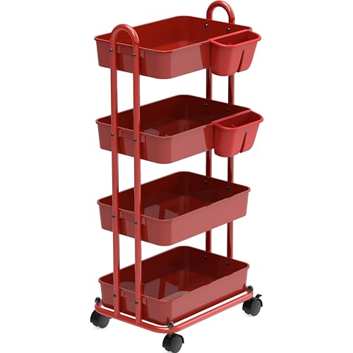 Simple Houseware 4-Tier Rolling Utility Cart with Hanging Bucket, Red | Storage for Bathroom, Kitchen, Office, Study Room, Nursery Diaper - color: Red, size: 4-Tier