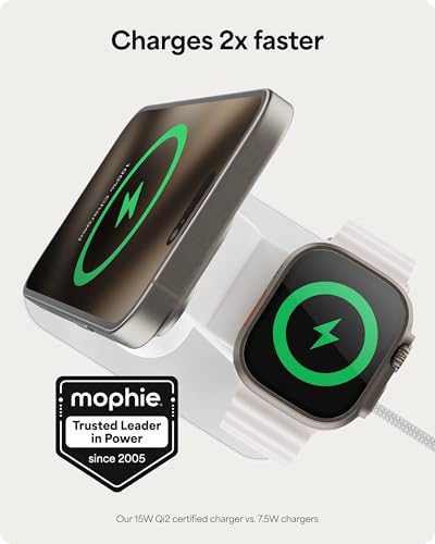 Mophie Snap+ 3-in-1 Wireless Charging Stand - MagSafe & Qi2 Certified, Compatible w/iPhone 17/16/15/14/13/12, Apple Watch, AirPods - Multi-Device Magnetic Charging Station, Eco-Friendly Design, White