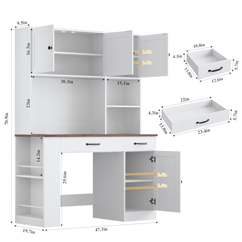 Keyluv 71" Tall Computer Desk with Hutch Cabinet, Home Office Desk with Storage Drawers Shelves and Side Rack, Wood Executive Desk with Doors, Outlet Station and Smart LED Lights, White - color: White