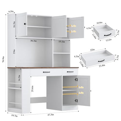 Keyluv 71" Tall Computer Desk with Hutch Cabinet, Home Office Desk with Storage Drawers Shelves and Side Rack, Wood Executive Desk with Doors, Outlet Station and Smart LED Lights, White - color: White