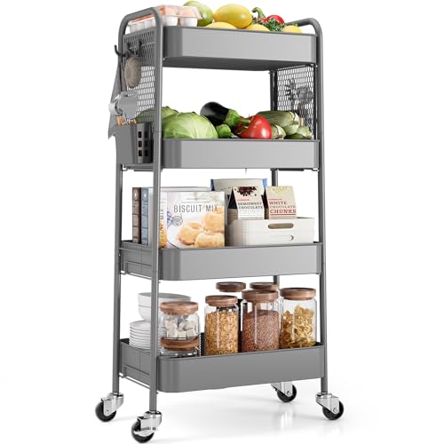 TOOLF 4 Tier Rolling Cart, Metal Utility Storage Cart with Pegboard, Grey | 2 Bins & 4 Hooks, Screwless Assembly, Lockable Wheels, Trolley Organizer for Bathroom, Kitchen, Office, Dorm, Craft Room - color: Gray, size: 4-Tier