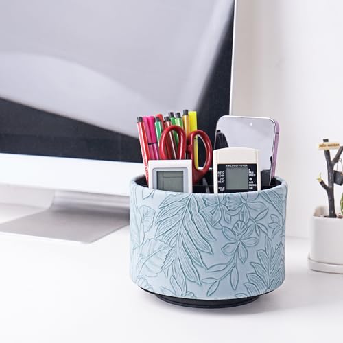 Round Leather Art Supply Organizer,Remote Control Holder,360 Degree Spinning,Multi-Functional Pencil Holder,4 Compartments Desktop Stationary Organizer(1-Carved Light Blue) - color: 1-Carved Light Blue