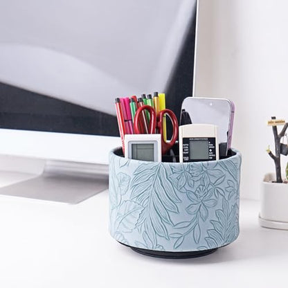 Round Leather Art Supply Organizer,Remote Control Holder,360 Degree Spinning,Multi-Functional Pencil Holder,4 Compartments Desktop Stationary Organizer(1-Carved Light Blue) - color: 1-Carved Light Blue