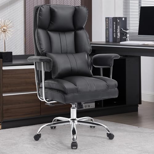 Big and Tall Office Chair with Footrest,400 lbs Heavy Duty Executive Chair | PU Leather High Back Wide Desk Chair,135° Reclining,Pocket Spring Back Support and Matching Lumbar Pillow - color: Black