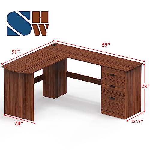 SHW L-Shaped Home Office Wood Corner Desk w/Box Box File Drawers, Walnut - color: Walnut