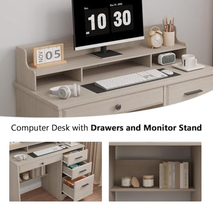 Small Desk with 4 Drawers, Computer Desk with File Drawer and Monitor Stand - color: Milky White