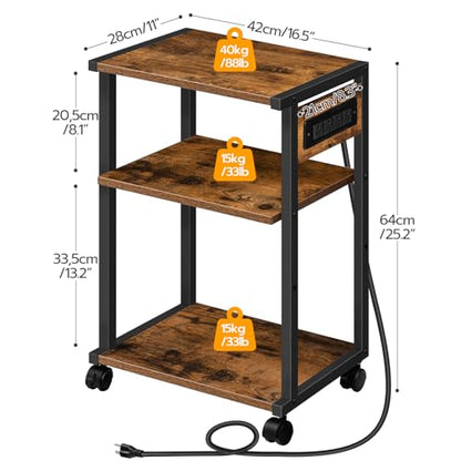 HOOBRO Industrial Printer Stand with Charging Station, 3-Tier Printer Table, Rolling Printer Cart with Adjustable Shelf and Hook, Rustic Brown and Black BF28UPS01 - color: Rustic Brown + Black
