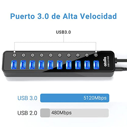 Powered USB 3.0 Hub, atolla 10 Ports USB Data Hub Splitter with Individual ON/Off Switches and 12V/2.5A Power Adapter USB Extension for Mouse, Keyboard, Hard Drive or More Devices