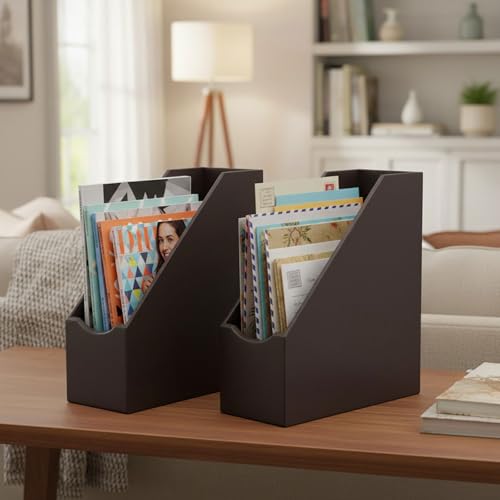 UnionBasic Magazine File Holder - Office Leatherette Desktop Document File Folder Journals Organizer Racks, Coffee, 1-piece - color: Coffee