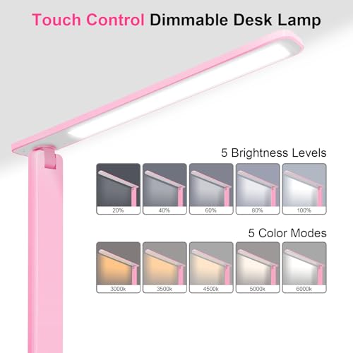 White crown LED Desk Lamp Dimmable Table Lamp Reading Lamp with USB Charging Port, 5 Lighting Modes, Sensitive Control, 30/60 Minutes Timer Pink (Pink, First-Generation) - color: Pink, size: first-generation