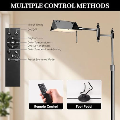 Bairth Black Chrome Reading Floor Lamp, Dimmable Pharmacy Standing Lamp | 3 Color Temperature, Dimmable, 17W LED, Height Adjustable, 360°Swing Arm, for Living Room, Bedroom, Office, Craft & Sewing - color: Black Chrome