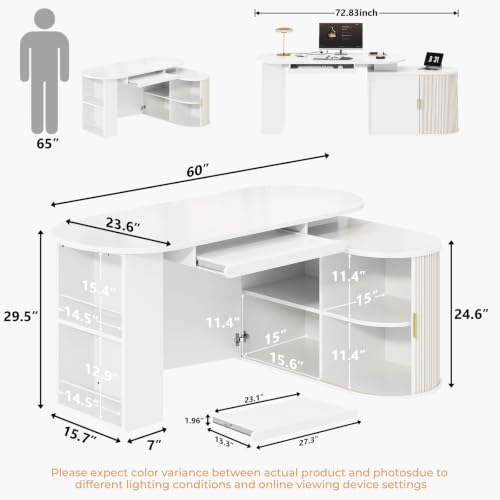 HSH 60 Inch L Shaped Computer Desk, Reversible L Desks with Storage Cabinet - color: White