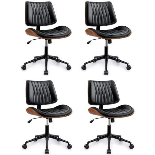 Ergonomic Armless Office Desk Chair - Mid-Century Modern Black Faux Leather with Diamond Stitch, Adjustable Height Swivel Rolling Task Computer Chair with Walnut Accent for Home Office, Study & Work - color: Black, size: 4 Pack