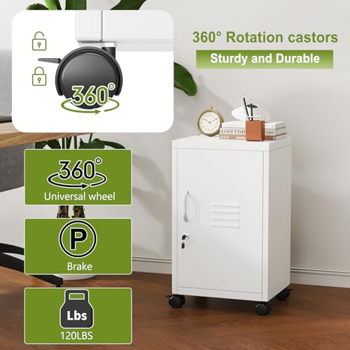 pozdeg 24.4" H Metal Locker Storage File Cabinet with Wheels, White | Small Employees Locking Steel Locker Adjustable Shelf & Lock, Single Door Lockable Cabinet for Home, School, Office, Gym