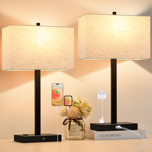 Lynnoland 21" Set of 2 Table lamp with USB A+C & AC Outlets, Touch Control 3-Way Dimmable Nightstand Lamps for Bedroom Living Room Office Reading, Linen Shade Touch Lamps, 3000K LED Bulbs Included - color: Natural Linen & Matte Black