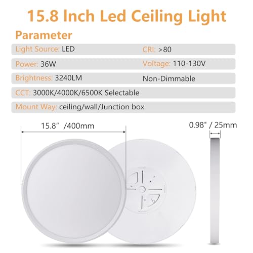 6PK 15.8 Inch Led Ceiling Light Flush Mount, 34W, 3060LM, 3000K/4000K/6000K CCT Selectable Super Slim LED Ceiling Light, Close to Ceiling Round Flat Panel Light for Hallway, Bedroom,Kitchen ect - color: White