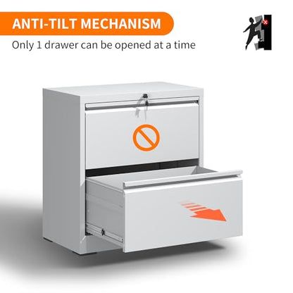 2 Drawer Lateral File Cabinet with Lock,White Metal Filing Cabinet - color: White, size: 26.8"W-2 drawers