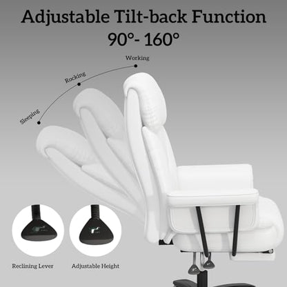 GYI 160 Reclining Office Chair with Footrest, Big & Tall Desk Chair, White | Cross Legged Seat, High Back, Faux Leather, Heavy Duty Base, Adjustable Height, for Home, Executive - color: White