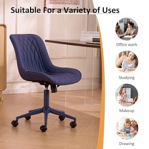 YOUNIKE Faux Leather Office Chair Ergonomic Desk Chair Armless Navy Blue | Ergonomic Upholstered Rocking Back, Swivel with Wheels, Height Adjustable, Modern Task Chair For Computer Sewing Drafting - color: Navy Blue