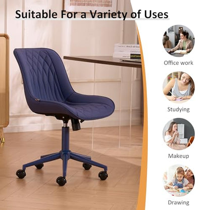YOUNIKE Faux Leather Office Chair Ergonomic Desk Chair Armless Navy Blue | Ergonomic Upholstered Rocking Back, Swivel with Wheels, Height Adjustable, Modern Task Chair For Computer Sewing Drafting - color: Navy Blue