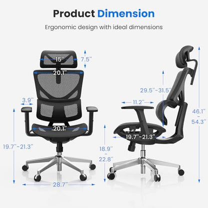 OdinLake L1 Ergo Upgrade 518 Black Ergonomic Mesh Office Chair – Big & Tall 350lbs, Dynamic Lumbar Support, Adjustable Height, Seat Depth, Headrest, Armrests, BIFMA Certified Desk Chair - color: Black