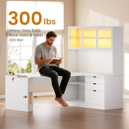 SEDETA L Shaped Corner Gaming Desk with 3 Wood Drawer and Large Bookshelf - color: White