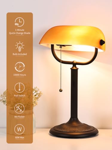 1-Minute Quick-Change Shade Matted Amber Glass Bankers Desk Lamp | Antique Plug in Fixture for Study Office Library,LED Bulb Included - color: Matted Amber