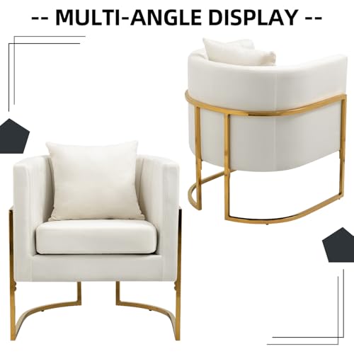 Velvet Accent Barrel Chairs Set of 2, Modern Arm Club Chair Set with Pillow for Living Room/Bedroom/Guest Reception, Channel Tufted, Gold Finish Base, White - color: Beige, size: 2 PCS