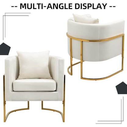 Velvet Accent Barrel Chairs Set of 2, Modern Arm Club Chair Set with Pillow for Living Room/Bedroom/Guest Reception, Channel Tufted, Gold Finish Base, White - color: Beige, size: 2 PCS
