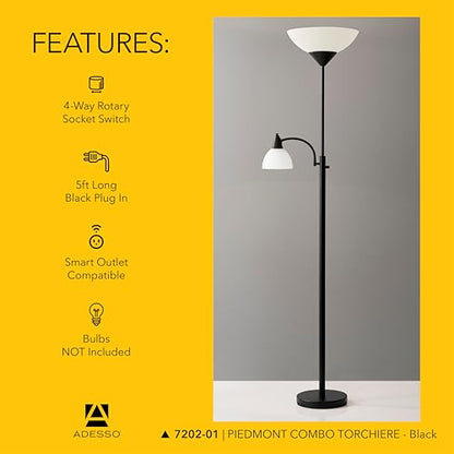 Adesso Floor Lamp, Black, Dual-Socket with Adjustable Reading Light, 71” - color: Black
