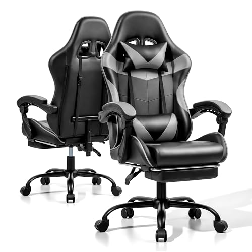 Gaming Chair, Ergonomic Computer Chair with Footrest and Lumbar Support, Height Adjustable Office Chair with 360° Swivel Seat and Headrest (Black & Grey) - color: Black & Grey