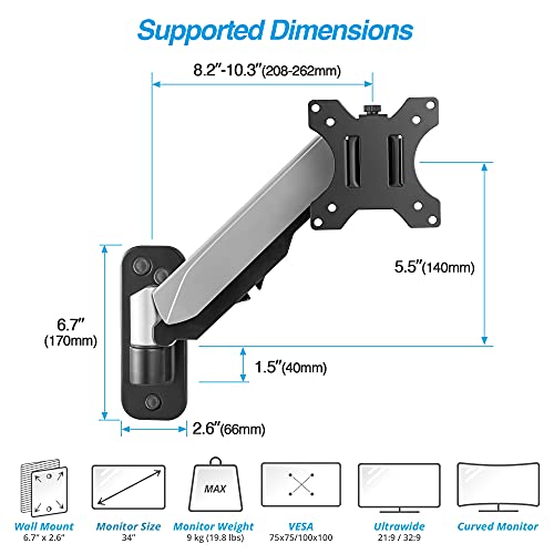 AVLT Single Monitor Arm Wall Mount for 13-32" Screens, Full Motion - Silver | Supports flat/curved/ultrawide screens up to 19.8 lbs. Smooth gas spring control, 3-bolt wall plate and cable management - color: Single