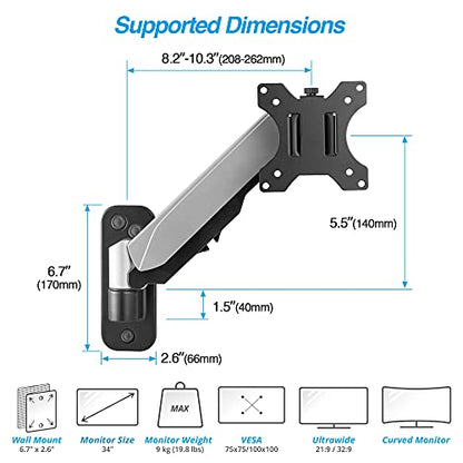AVLT Single Monitor Arm Wall Mount for 13-32" Screens, Full Motion - Silver | Supports flat/curved/ultrawide screens up to 19.8 lbs. Smooth gas spring control, 3-bolt wall plate and cable management - color: Single