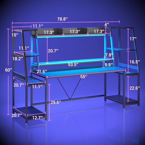 SEDETA 79'' Gaming Desk with LED Lights, Hutch and Storage Shelves, Black - color: Black, size: 78.8 inches