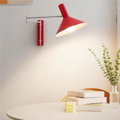 Modern Industrial Red Conical Shade Wall Sconce Minimalist Adjustable Swing Arm Wall Lamp Interior Accent Wall Mount Light Fixture for Bedroom Study Living Room