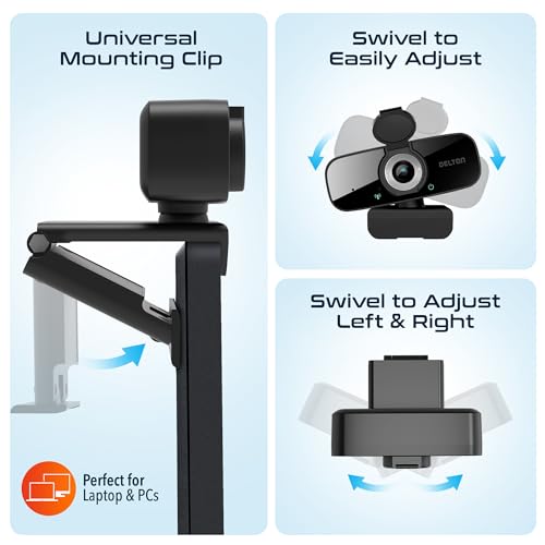 Delton C24 USB Webcam with Microphone, HD 1080p Wired Webcam, 2 Megapixels, Wide Field of View, Auto Focus, Noise Canceling Mic, USB Computer Camera Compatible with Computer/Laptop/iMac - Black