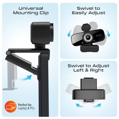 Delton C24 USB Webcam with Microphone, HD 1080p Wired Webcam, 2 Megapixels, Wide Field of View, Auto Focus, Noise Canceling Mic, USB Computer Camera Compatible with Computer/Laptop/iMac - Black