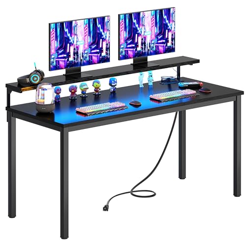 Need 60 inch Computer Desk with LED Lights & Power Outlets, Large Home Desk with Monitor Shelf, Writing Table Gaming Desk Home Office Desk, Black - color: Black, size: 60 inches