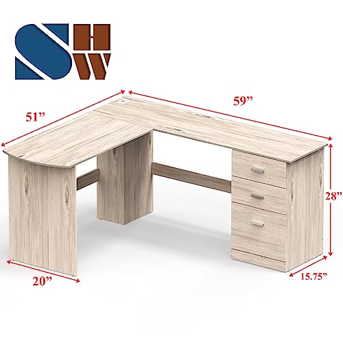 SHW L-Shaped Home Office Wood Corner Desk w/Box Box File Drawers, Maple | 51 x 59 Inches | 2 Pre-installed Grommets - color: Maple