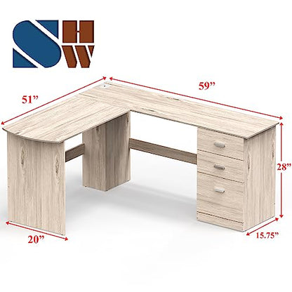 SHW L-Shaped Home Office Wood Corner Desk w/Box Box File Drawers, Maple | 51 x 59 Inches | 2 Pre-installed Grommets - color: Maple